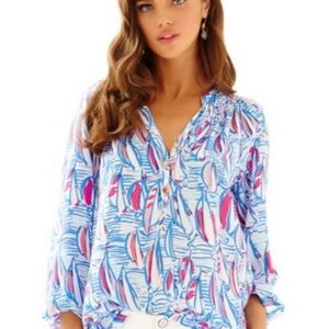 Lilly Pulitzer Silk Elsa Top Red Right Return Sailboat Blouse Shirt Sz S